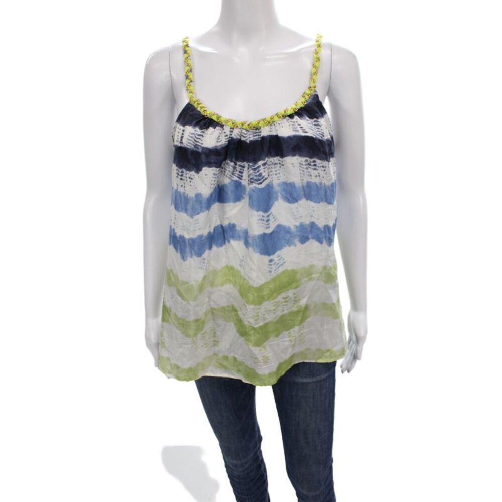 Christophe Sauvat Women Camisole Blue Silk Striped Scoop Neck Boho Size M